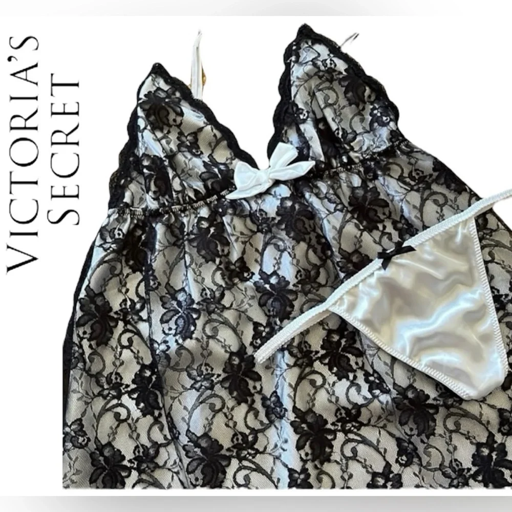 Victorias Secret Babydoll Black Lace & Satin Cami Nightie & Panty Lingerie Set - Picture 15 of 16
